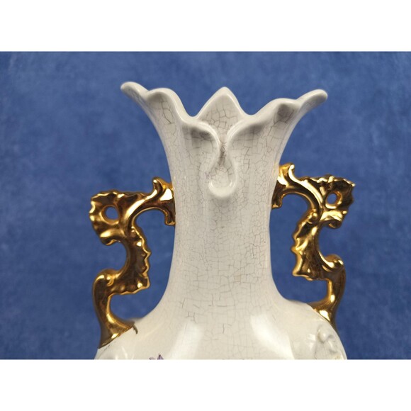 VTG Hawaii Delight Ceramic Bouquet Vase With Purple Flowers Gold Finish Handles - Picture 5 of 10